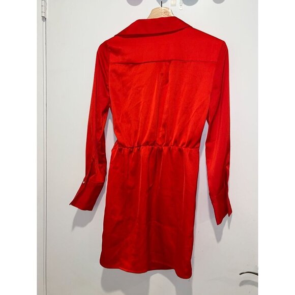 HOUSE OF HARLOW Front Rhinestone Buckle Satin Wrap 35" Mini Dress in Red XS - Picture 7 of 11